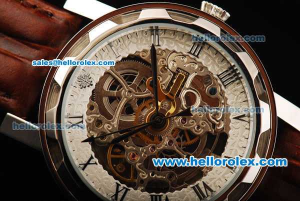 Patek Philippe Skeleton Automatic Movement Steel Case with Roman Numerals and Brown Leather Strap - Click Image to Close